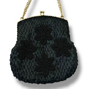 Vintage Handmade Mini Bad Black Floral Bead Eveningwear Gold Chain Strap Formal